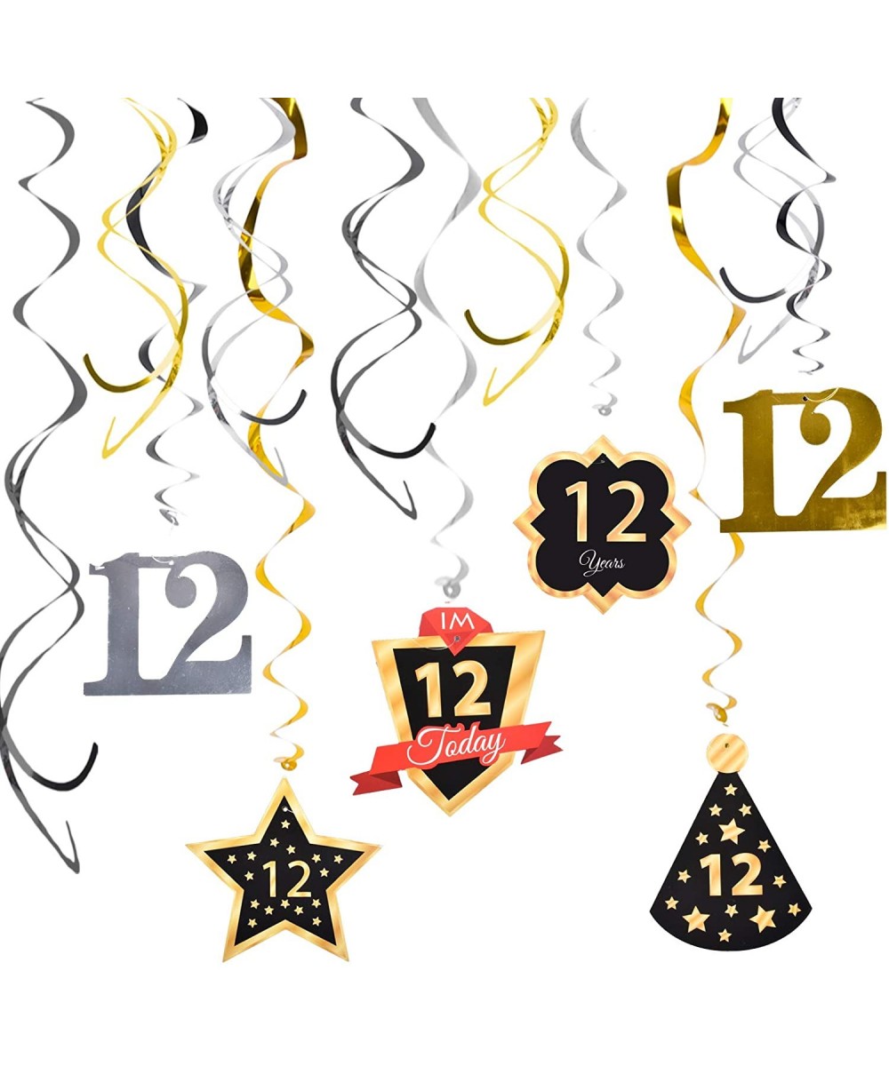 Ushinemi 12th Birthday Party Decorations- 12 Birthday Hanging Swirl Streamers Decor- Gold Silver and Black- 12pcs - 12th Hang...