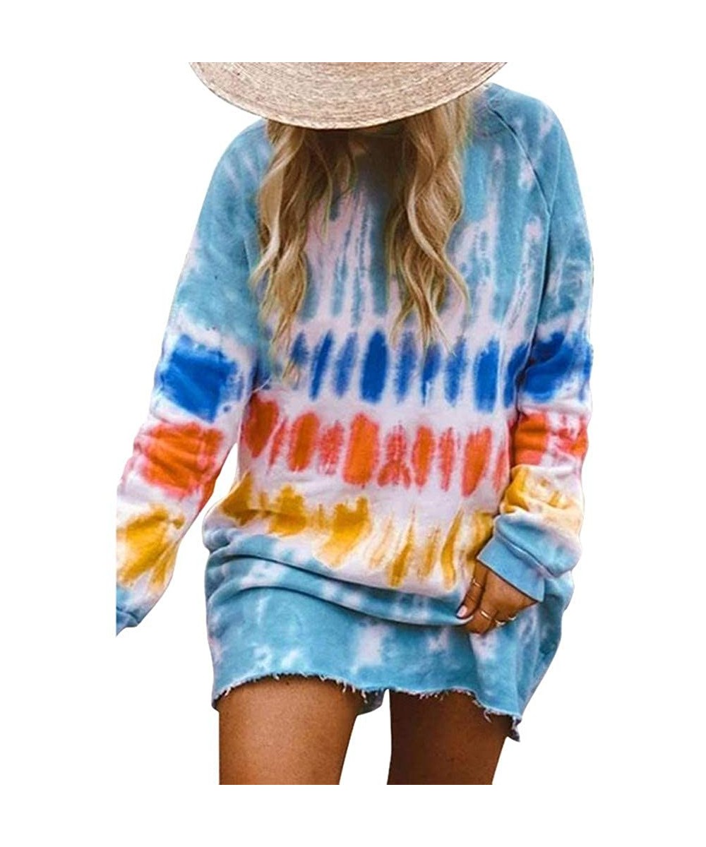 Women's Tie-Dye Sweatshirts Oversized Long Sleeve Crewneck Loose Casual Mini Dress - Blue - CV19EIXW7LK $20.00 Party Packs