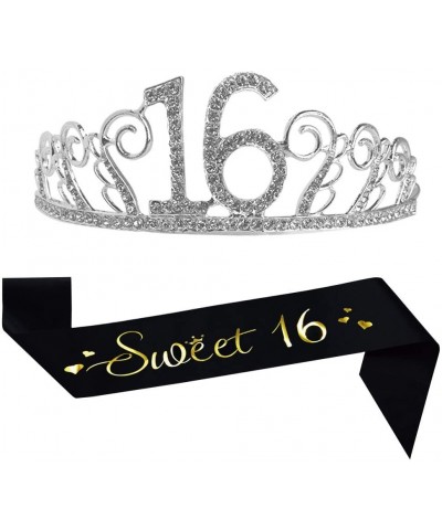 16th Birthday Decorations Party Supplies Birthday Tiara and Sash Black Glitter Satin Sash and Crystal Tiara Birthday Crown fo...