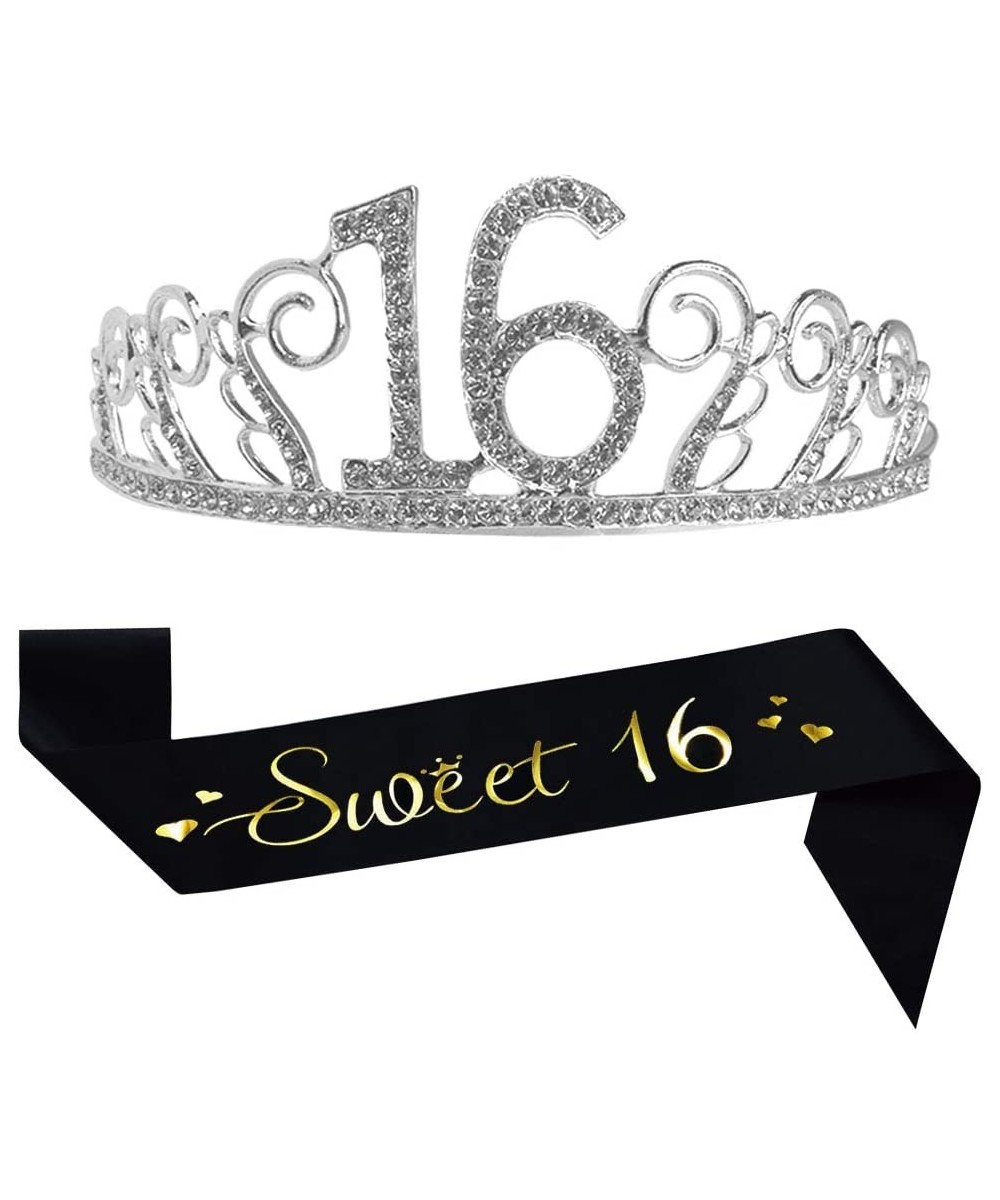 16th Birthday Decorations Party Supplies Birthday Tiara and Sash Black Glitter Satin Sash and Crystal Tiara Birthday Crown fo...