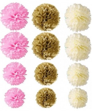 Tissue Paper Pom Poms Flowers for Wedding Birthday Party Baby Shower Decoration 12 pieces - Pink- Ivory White and Gold - Pink...