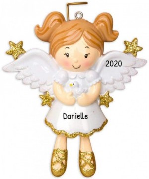 Personalized Angel with Dove Christmas Tree Ornament 2020 - Cute Beautiful Pixie Gold White Dress Wings Halo Prayer Heaven Me...
