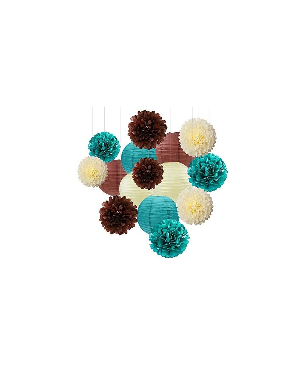 15pcs Cream Brown Teal Tissue Pom Poms Paper Flowers Paper Lanterns for 40s 50s 60s 70s Birthday Party Decorations - Ivory/Te...