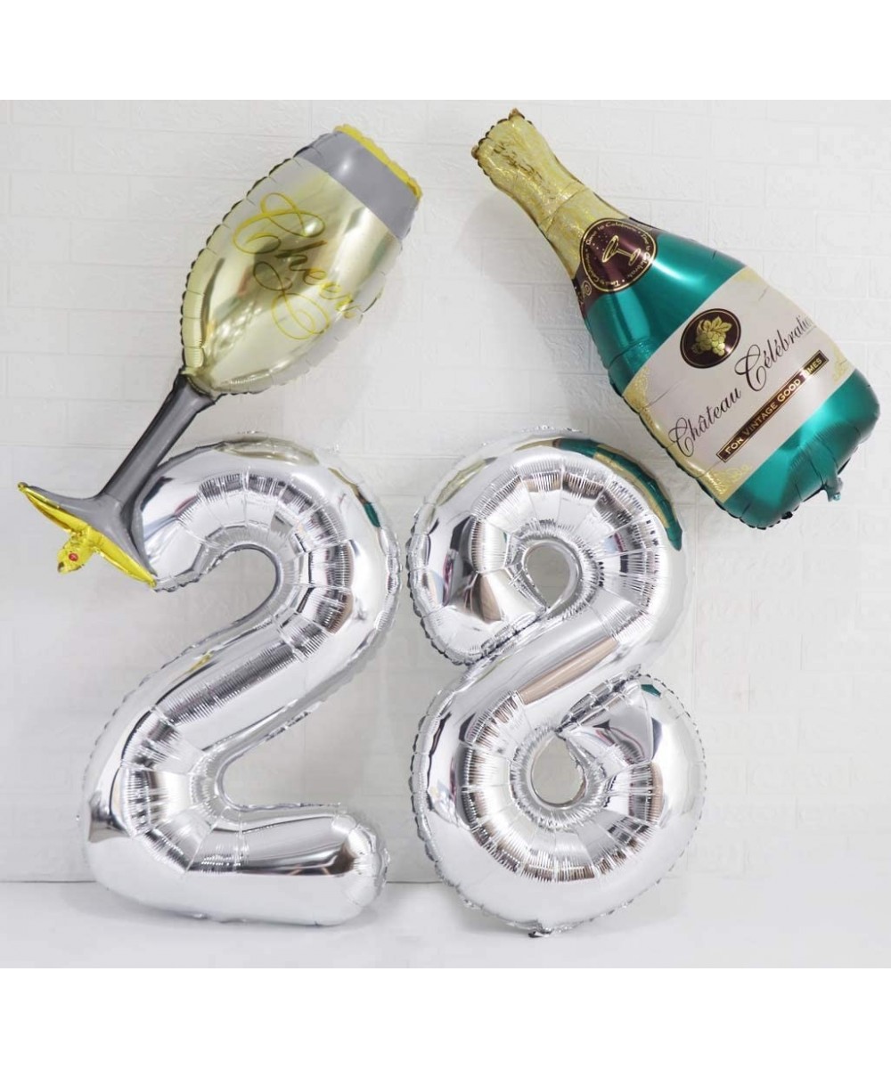 28 Number Balloons Silver with Champagne Bottle Balloon Set-40inch Large Size Perfect for 28th Years Old Birthday Party- Wedd...