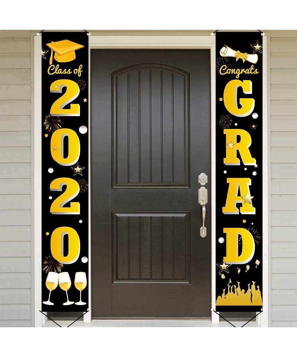 Graduation Porch Sign Set- Congrats Grad Class of 2020 Home for Outdoor Indoor- Black Gold Hanging Banner Yard Porch Decor Pa...