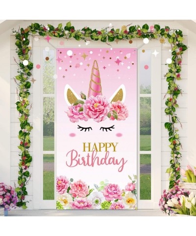 Unicorn Happy Birthday Backdrop Unicorn Party Decoration- Large Fabric Pink Floral Unicorn Door Banner Background for Kids Gi...