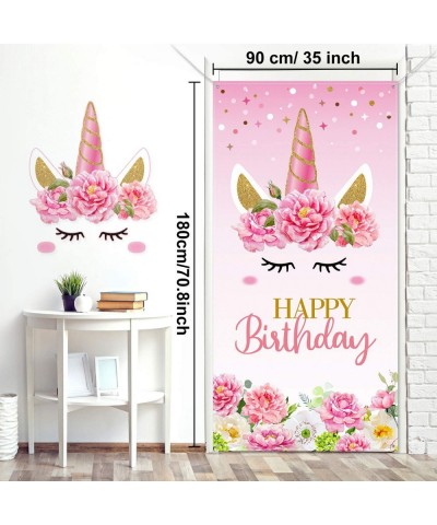 Unicorn Happy Birthday Backdrop Unicorn Party Decoration- Large Fabric Pink Floral Unicorn Door Banner Background for Kids Gi...