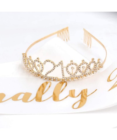 Finally 21 Sash & Rhinestone Tiara Set - 21st Birthday Gifts Finally Legal Sash Drinking Age Birthday Party Favors (White/Gol...