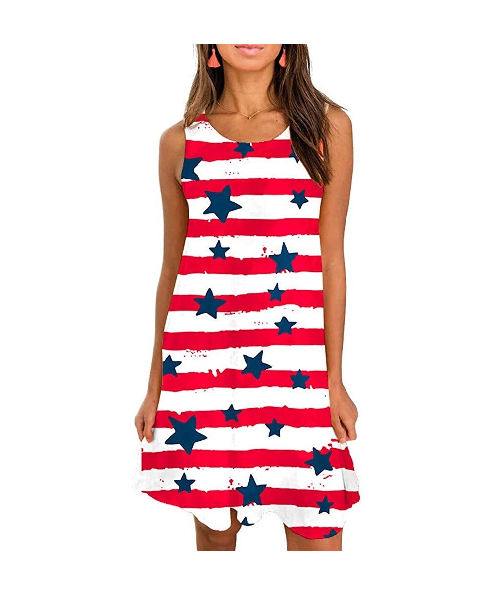 Women's July 4th American Flag Sleeveless Long Maxi Dress Casual Stripe Star Printed Loose Tank Dress Sundress - Z4-red - CW1...