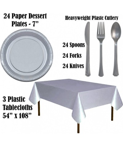 Paper Tableware Set for 24 - Blue & Silver - Dinner and Dessert Plates- Cups- Napkins- Cutlery (Spoons- Forks- Knives)- and T...