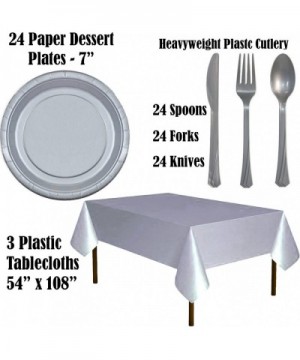 Paper Tableware Set for 24 - Blue & Silver - Dinner and Dessert Plates- Cups- Napkins- Cutlery (Spoons- Forks- Knives)- and T...