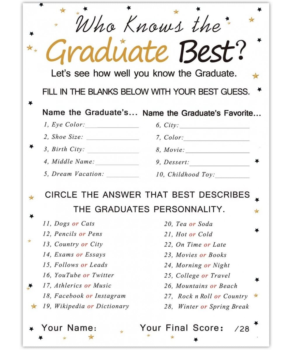 Graduation Party Game Cards - Who Knows The Graduate Best (30-Pack)- Graduation Party Collection Grad Celebration Party Suppl...