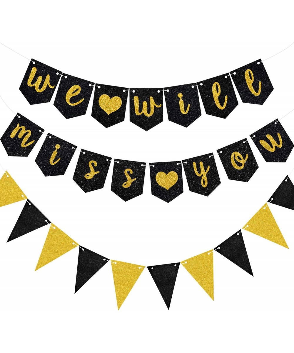 We Will Miss You Banner Black Gold Glitter Graduation Banner Farewell Banner Decoration with Triangle Flag Banner for Retirem...
