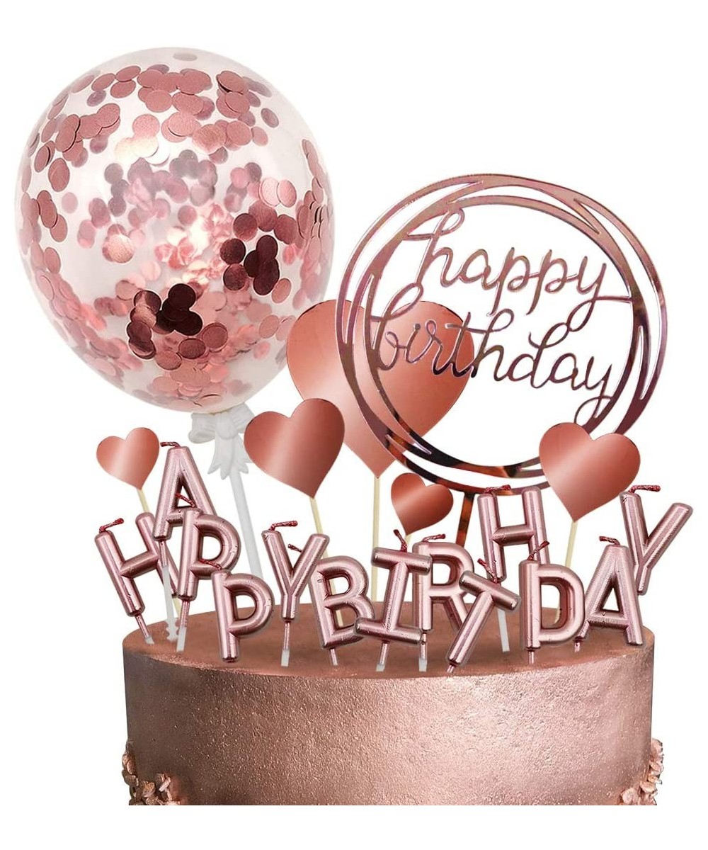 Rose Gold Cake Topper Decoration with Happy Birthday Candles Happy Birthday Banner Confetti Balloon Hearts For Rose Gold Them...