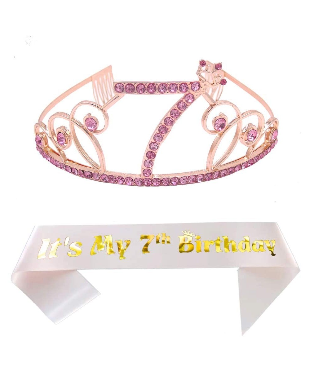 7th Pink Birthday Tiara and Sash Happy 7th Birthday Party Supplies 7th Birthday Glitter Satin Sash and Crystal Tiara Princess...