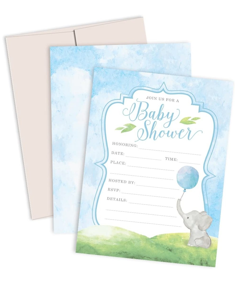 Watercolor Elephant Baby Shower Invitations 12 Premium Fill-In-Your-Own Elephant Baby Shower Invites with Light Gray Linen En...