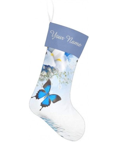 Christmas Stocking Custom Personalized Name Text Flowers Butterfly Blue for Family Xmas Party Decor Gift 17.52 x 7.87 Inch - ...