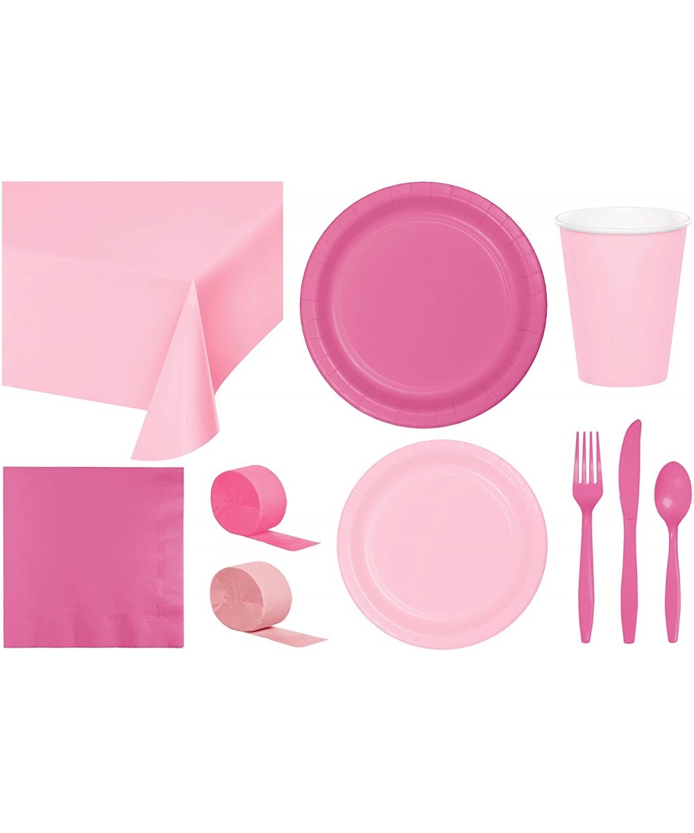 Party Bundle Bulk- Tableware for 24 People Classic Pink and Candy Pink- 2 Size Plates Napkins- Paper Cups Tablecovers and Cut...