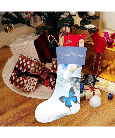 Christmas Stocking Custom Personalized Name Text Flowers Butterfly Blue for Family Xmas Party Decor Gift 17.52 x 7.87 Inch - ...
