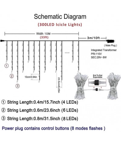 LED Icicle Lights- 300 LEDs- 33ft- 8 Modes- Curtain Fairy Light with 60 Drops- Clear Wire LED String for Christmas/Thanksgivi...