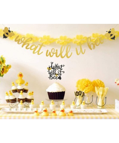 What Will It Bee Banner and Gold Glitter What Will It Bee Banner Cake Topper for Bumble Bee Themed Gender Reveal Party Baby S...
