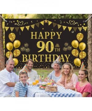 90th Birthday Backdrop Gold and Black 5.9 X 3.6 Fts Happy Birthday Party Decorations Banner for Women Men Photography Supplie...