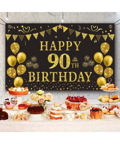 90th Birthday Backdrop Gold and Black 5.9 X 3.6 Fts Happy Birthday Party Decorations Banner for Women Men Photography Supplie...