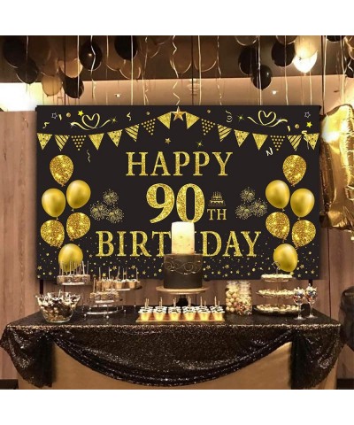 90th Birthday Backdrop Gold and Black 5.9 X 3.6 Fts Happy Birthday Party Decorations Banner for Women Men Photography Supplie...