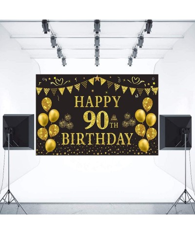 90th Birthday Backdrop Gold and Black 5.9 X 3.6 Fts Happy Birthday Party Decorations Banner for Women Men Photography Supplie...