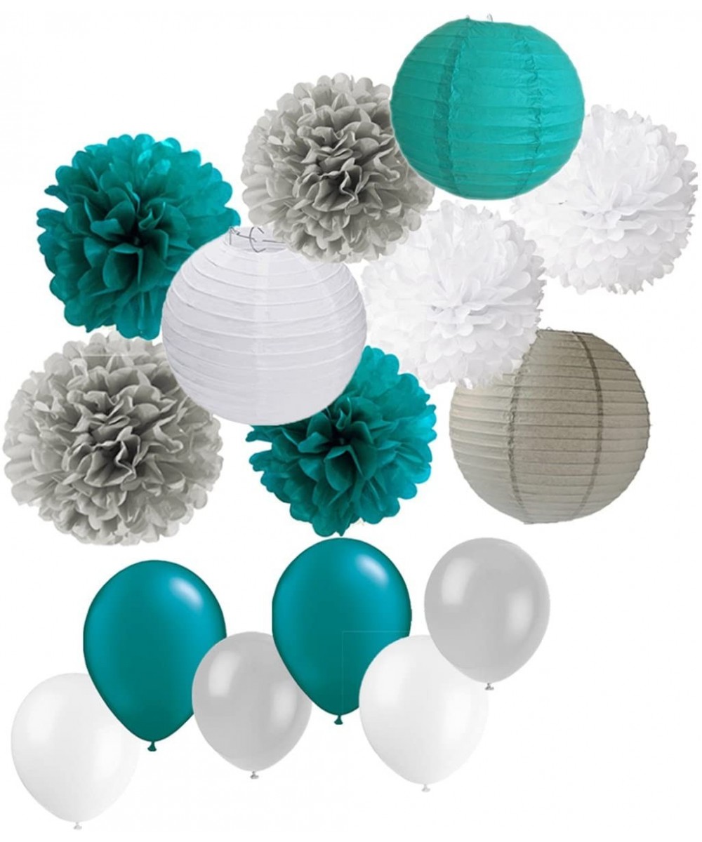 39PCS Teal Gray Baby Boy Shower Party Mixed Tissue Pom Poms Paper Lantern Balloons for 1st Birthday Wedding Bridal Shower Nur...