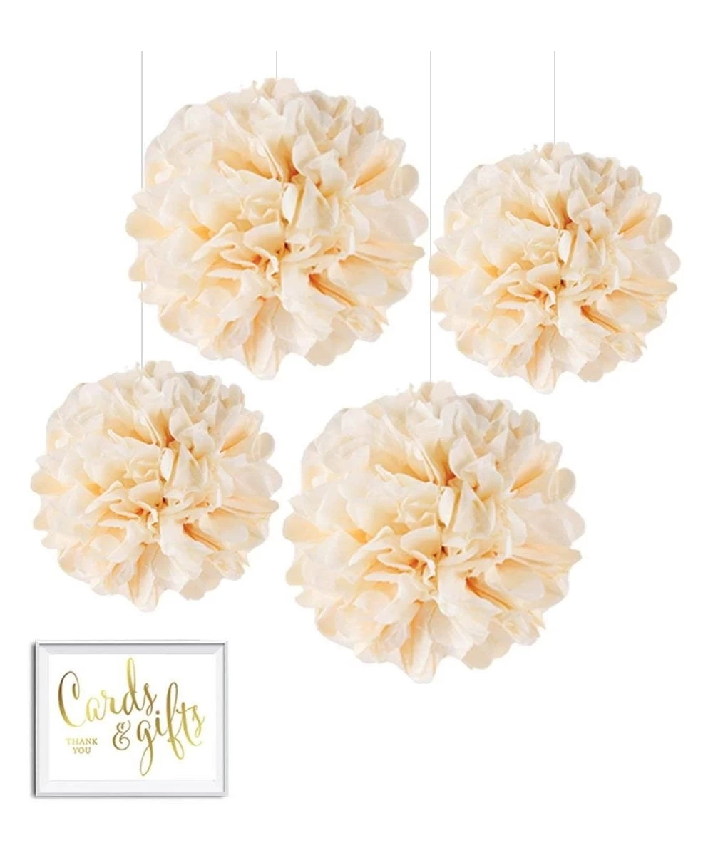 Tissue Paper Pom Poms Hanging Decorations with Free Gold Card & Gifts Party Sign- Ivory- 8-inch and 10-inch- 4-Pack- Colored ...
