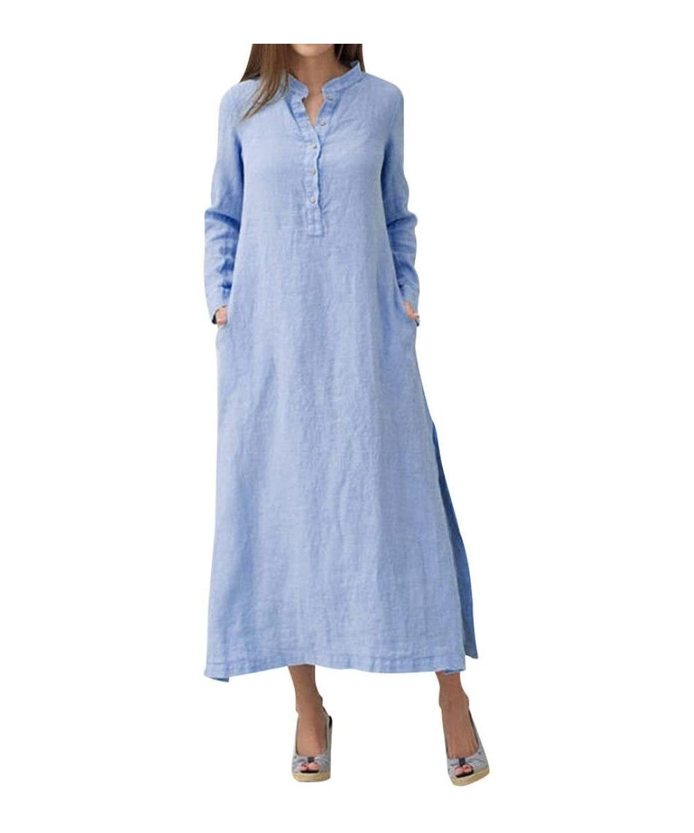 Women's Kaftan Cotton Long Sleeve Plain Casaul Oversized Maxi Long Shirt Dress Split Hem Dress (S- Blue) - Blue - CF18GAKRDKX...