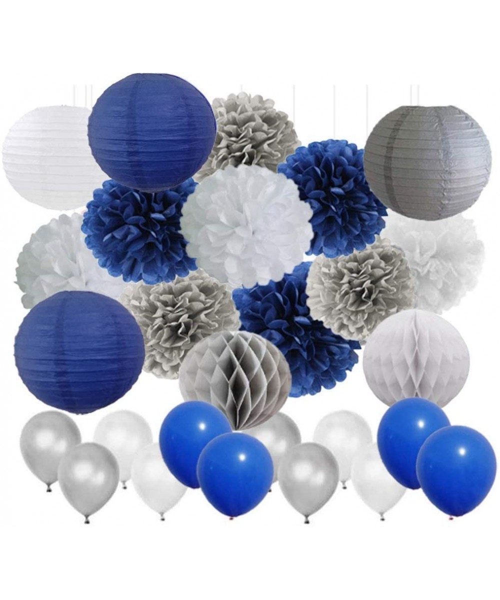 Navy Blue Wedding Decor 45pcs Navy Blue- White- Grey Tissue Paper Pom Poms Paper Lanterns Balloons for Birthday Party Graduat...