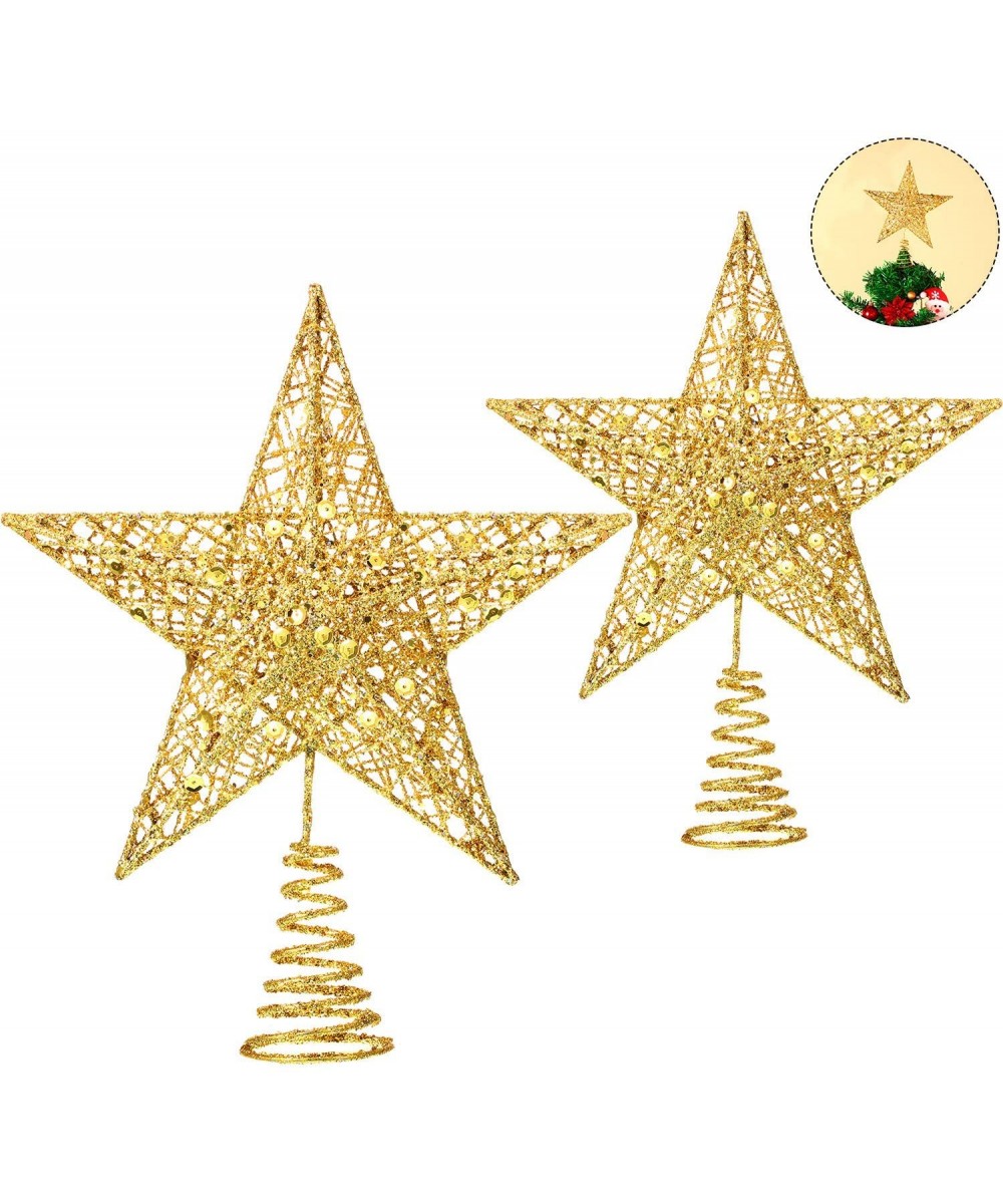 2 Pieces Metal Glittered Christmas Tree Topper Star Treetop Hollow Wire Star Topper for Christmas Tree Ornament- 2 Sizes (Gol...