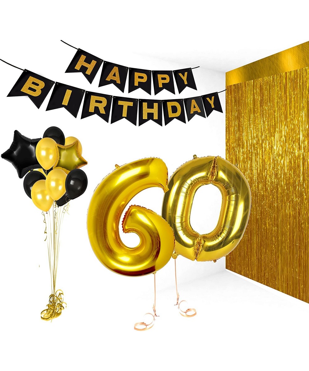 Happy 60th Birthday Party Supplies Black Banner Gold Black Balloons Large 60 Foil Number Balloon Black Gold Foil Star Balloon...