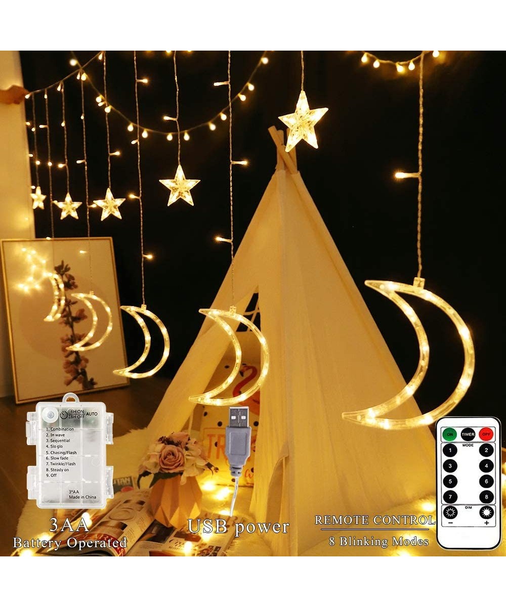 Star Moon Curtain Lights- 138 LED Moon Star Christmas Lights- USB&Battery Operated-8 Modes Remote&Timer-Decoration for Weddin...