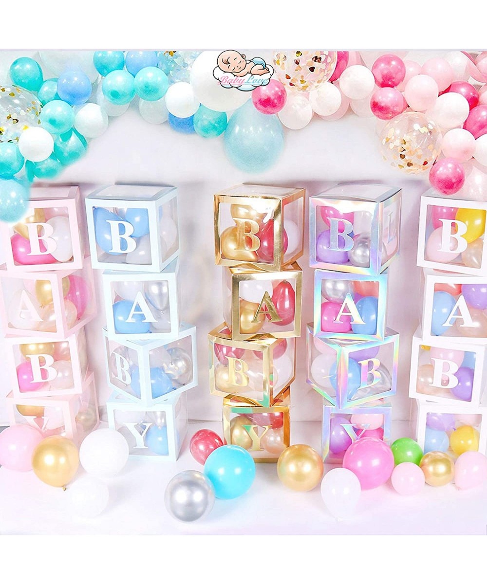 Baby Shower Boxes Party Decorations - 4 pcs Transparent Balloons Boxes Décor with Letters- Individual BABY Blocks Design for ...