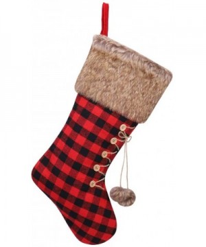 Christmas Stocking Home Decorations Gifts 21in- Red Black Grid Pattern Xmas Present Socks Plush Faux Fur Cuff - Black Red Pla...