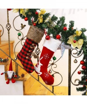 Christmas Stocking Home Decorations Gifts 21in- Red Black Grid Pattern Xmas Present Socks Plush Faux Fur Cuff - Black Red Pla...