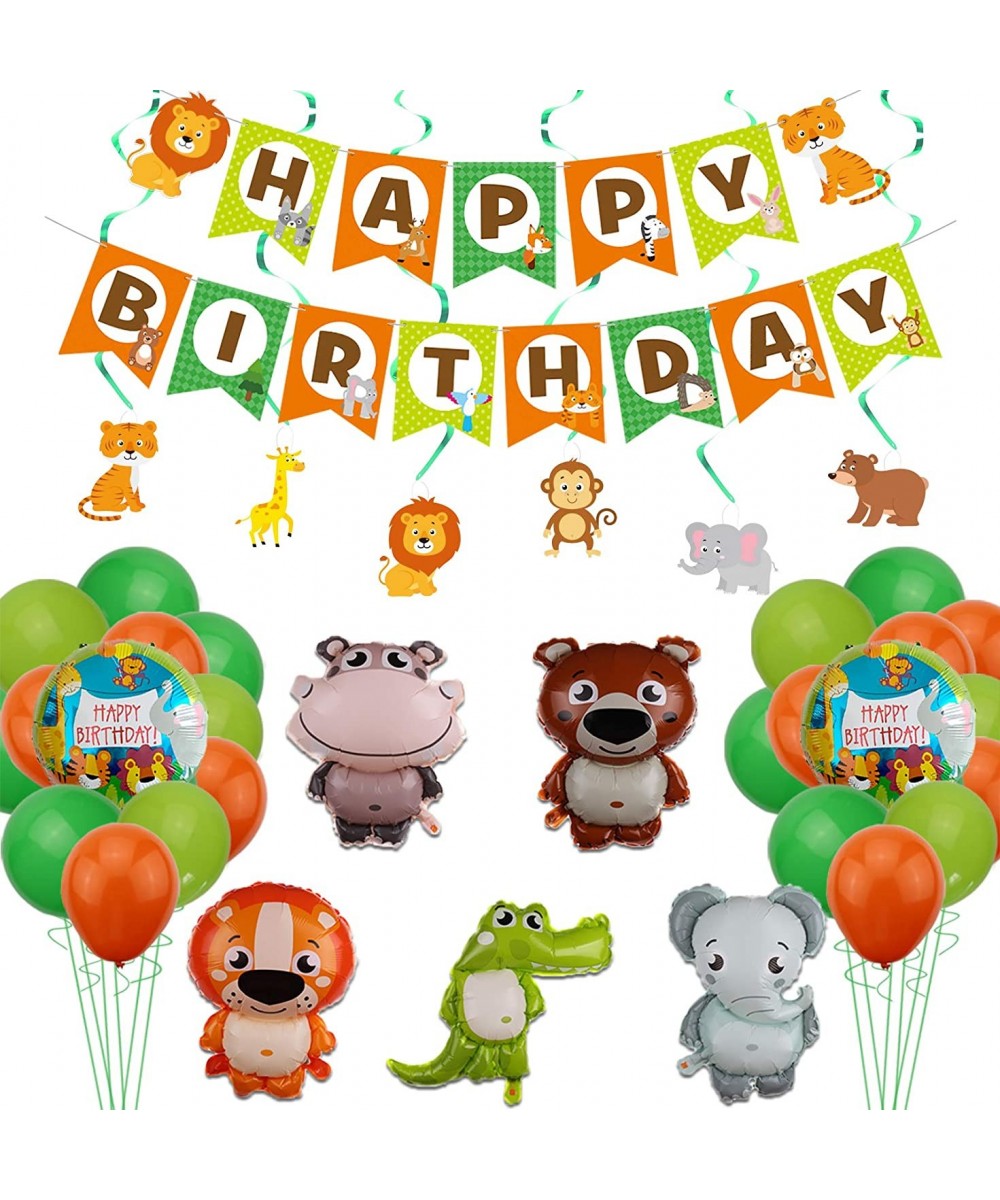 Jungle Safari Theme Party Supplies- Happy Birthday Animal Banner- 6 Pcs Safari Hanging Swirls- 37 Pcs Balloons for Kids Fores...