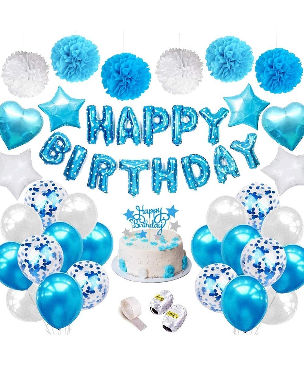 Birthday Decorations- Blue Happy Birthday Balloon Confetti Filled Latex Balloons with Letters Foil Heart Star Ribbons for Bab...