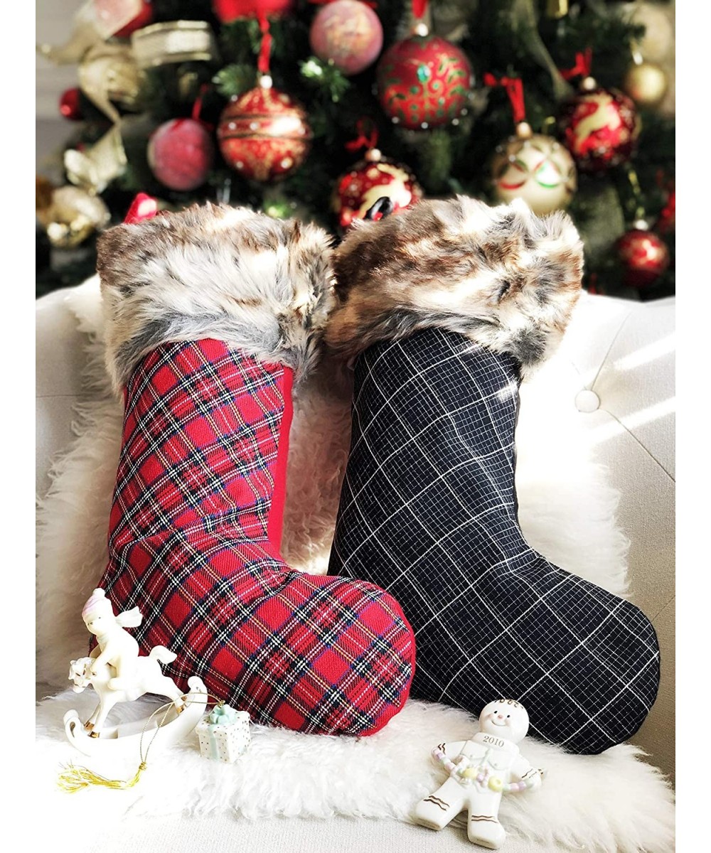 Classic Traditional Plaid Christmas Stockings - 2 Pcs 19 - Red & Black Plush Faux Fur Cuff Stocking - Christmassy Mantel Fire...