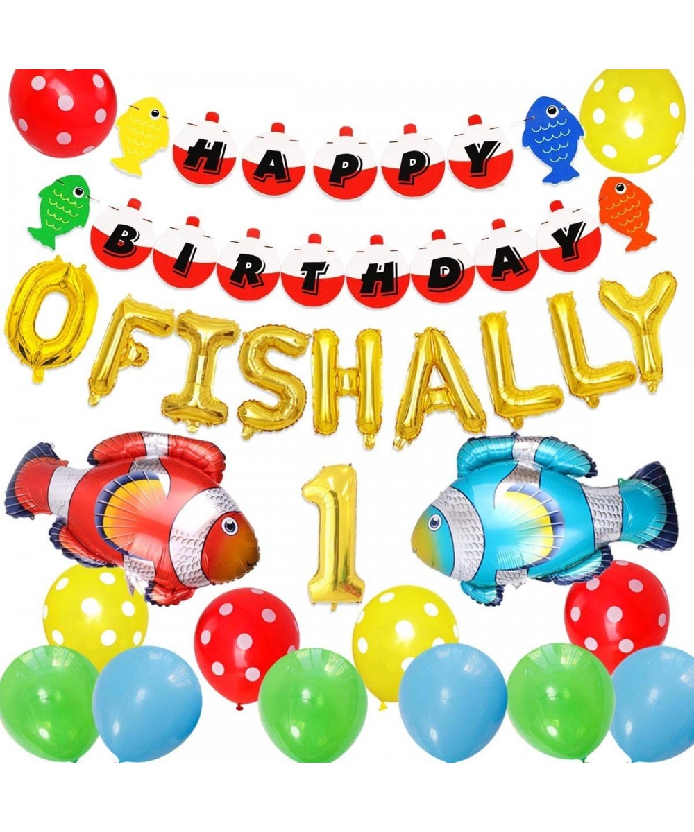 Fishing First Birthday Decorations- Gone Fishing Party Supplies- O Fish Ally One Balloons Banner- Fish Foil Balloons Little F...