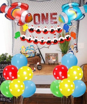 Fishing First Birthday Decorations- Gone Fishing Party Supplies- O Fish Ally One Balloons Banner- Fish Foil Balloons Little F...