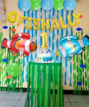 Fishing First Birthday Decorations- Gone Fishing Party Supplies- O Fish Ally One Balloons Banner- Fish Foil Balloons Little F...