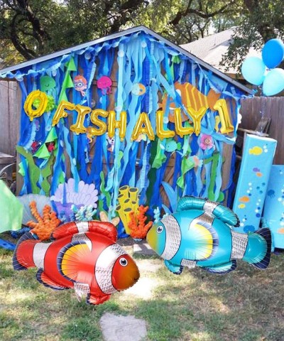 Fishing First Birthday Decorations- Gone Fishing Party Supplies- O Fish Ally One Balloons Banner- Fish Foil Balloons Little F...