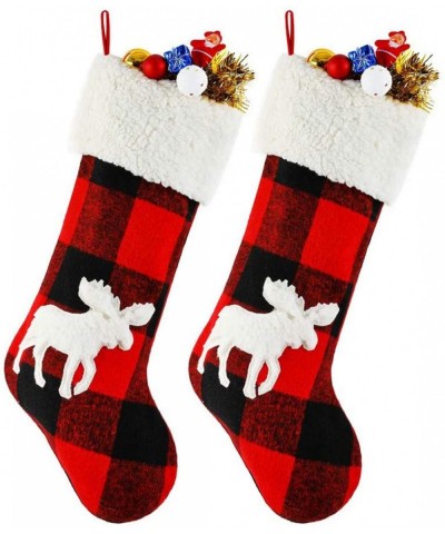 Set of 2 Red and Black Plaid Farmhouse Christmas Stockings- Girls Embroidered Plush Moose Christmas Stockings with Faux Fur C...