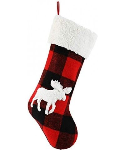 Set of 2 Red and Black Plaid Farmhouse Christmas Stockings- Girls Embroidered Plush Moose Christmas Stockings with Faux Fur C...