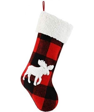 Set of 2 Red and Black Plaid Farmhouse Christmas Stockings- Girls Embroidered Plush Moose Christmas Stockings with Faux Fur C...