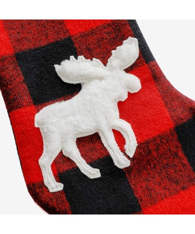 Set of 2 Red and Black Plaid Farmhouse Christmas Stockings- Girls Embroidered Plush Moose Christmas Stockings with Faux Fur C...